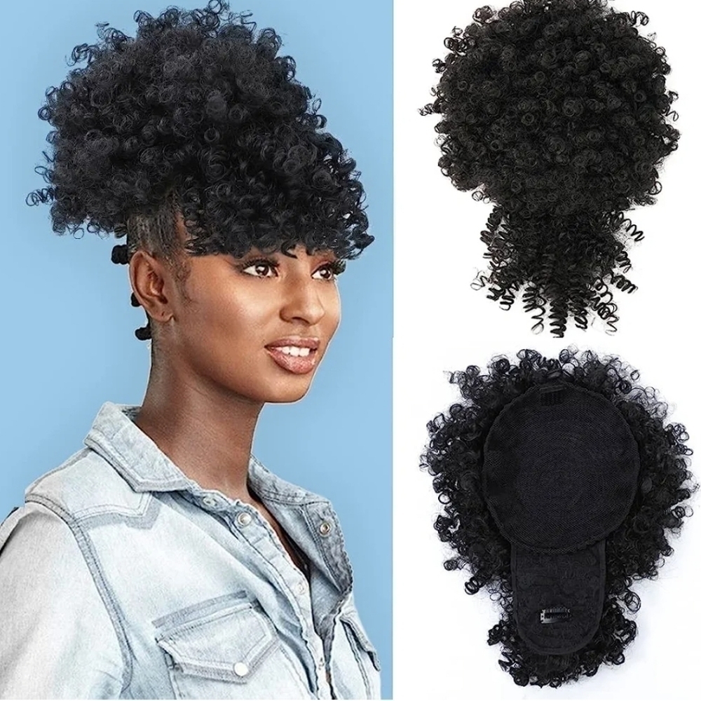 Puff Drawstring Ponytail w/Bangs Kinky Curly Hair Clip in Bangs Short Ponytail